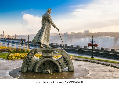 Niagara falls, Canada-Oct 28, 2019: Monument of Nikola Tesla at  Niagara Falls - Ontario, Canada.