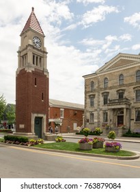 NIAGARA ON THE LAKE, CANADA - JUNE 28, 2016: Clock Tower and Court House on the main road Queen Street of Niagara-on-the-Lake
