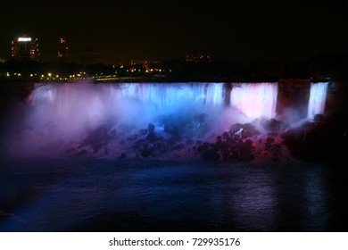 Niagra Falls Flood Lighting At Night With Different Colors