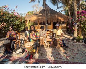 Nianing, Senegal - February 2019: African Music Band Plays Drums. Africa