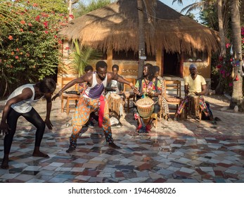 Nianing, Senegal - February 2019: African Music Band Plays Drums. Africa