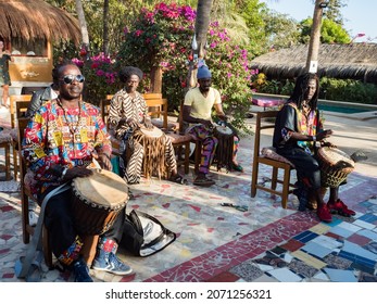 Nianing, Senegal - February 2019: African Music Band Plays Drums. Africa