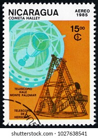 NICARAGUA - CIRCA 1985: A Stamp Printed In Nicaragua Shows Telescope, Halley's Comet, Circa 1985