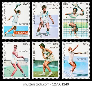 NICARAGUA - CIRCA 1987: A set of postage stamps printed in NICARAGUA shows tennis, series, circa 1987