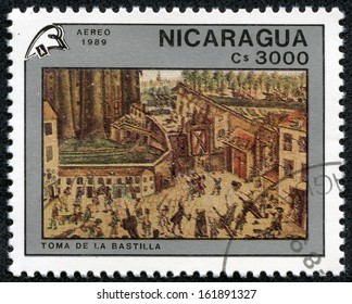 NICARAGUA - CIRCA 1989: A Stamp Printed In Nicaragua Shows Storming The Bastille, Painting By Claude Cholat, French Revolution, Bicentennial, Circa 1989