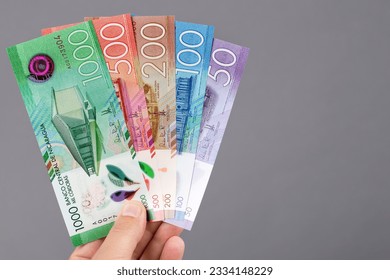 Nicaraguan money - cordoba in the hand on a gray background - Shutterstock ID 2334148229