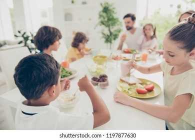 Nice Adorable Lovely Beautiful Adoptive Family, Mulato, Having Dinner, Lunch, Eating Tasty Vegetarian Salad, Vegs, Enjoying Holiday, White Light Interior Dining Room