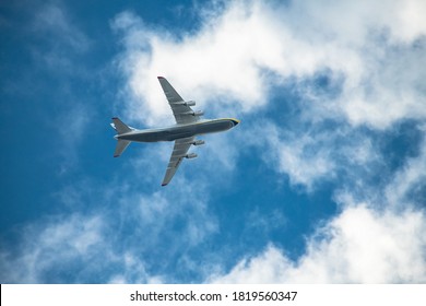 Nice Antonov AN124-100 Airplane Flying In Blue Cloudy Skies In Kiev Ukraine May 2020