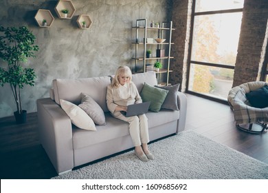 Nice Attractive Focused Concentrated Gray-haired Blond Middle Aged Granny Sitting On Divan Resting Using Laptop Calling Relatives At Industrial Loft Modern Style Interior House Apartment Flat