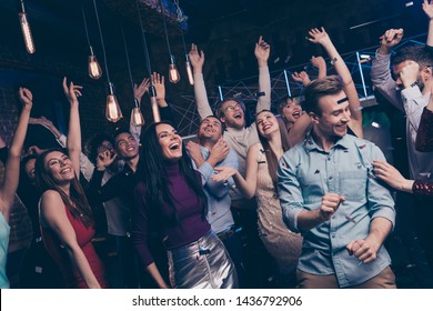Nice attractive gorgeous smart glamorous stylish fashionable cheerful cheery glad positive girls and guys chill out fest feast festal custom celebratory occasion in luxury place nightclub indoors - Shutterstock ID 1436792906