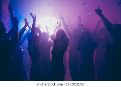Nice attractive stylish cheerful cheery positive carefree guys ladies having fun hanging out best summer year student festive in new cool bar modern place indoors - Shutterstock ID 1436812790