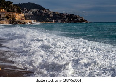 Nice Beach In France With Big Waves In Winter