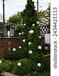 Nice central courtyard with fountain and flagstone patio and evergreen trees. Wedding decorated with white balloons