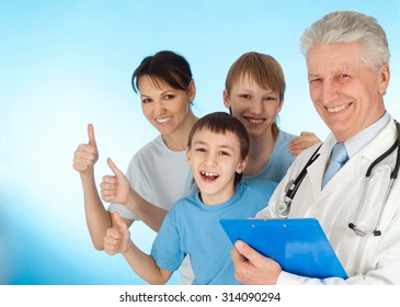 Nice doctor in a white coat with a stethoscope and patients with thumbs up