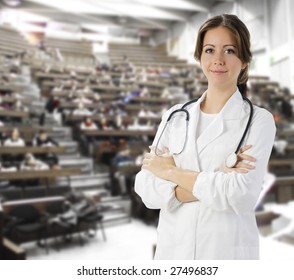 nice doctor in white medical gown and a stethoscope around her neck