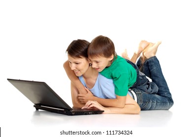 Nice Family In Bright T-shirts On A White Background