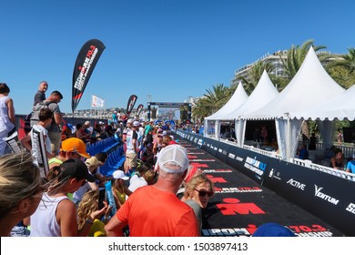 Nice, Nice / France - 09 08 2019: Ironman 70.3 Triathlon World Championship Big Crowd Cheering For The Marathon Participants In Nice, France