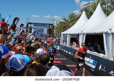 Nice, Nice / France - 09 08 2019: Ironman 70.3 Triathlon World Championship Big Crowd Cheering For The Marathon Participants In Nice, France