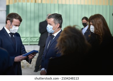 Nice, France - 10january 2022: French President Emmanuel Macron Seen With Ministers Darmanin And Schiappa