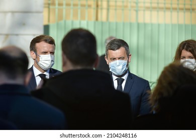 Nice, France - 10january 2022: French President Emmanuel Macron Seen With Ministers Darmanin And Schiappa