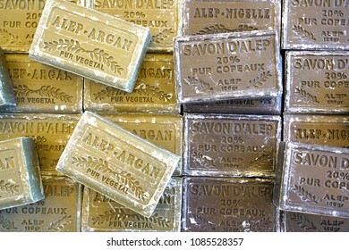 NICE, FRANCE -16 APR 2018- Colorful Bars Of Scented Savon De Marseille Soap With Natural Perfumes Sold In A Store In Provence, France.