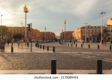 Nice, France, 2022.06.12: High Angle View Of Place Massena At Sunset. Incidental People.