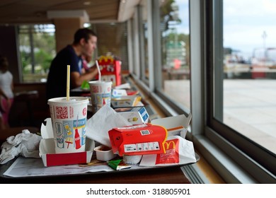 NICE, FRANCE - AUGUST 15, 2015: McDonald's restaurant interior. McDonald's is the world's largest chain of hamburger fast food restaurants, founded in the United States.