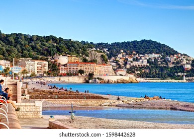 Nice, France - December 1, 2019: View Of The Beach And Walkway Promenade On A Clear Winter Day