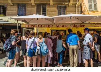 Nice France. June 12 2019. A View Of A Busy Ice Cream Shop Fenocchio In The Old Town In Nice France