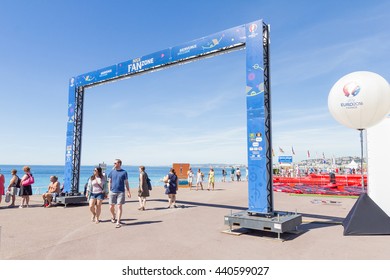 NICE, FRANCE - June 20, 2016: VIew of the fan zone for the Eurocup 2016 in the Promenade des Anglais. Nice is one of the ten cities where the matches are played during the Euro 2016.