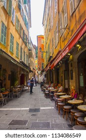 Nice, France - June 23, 2018: Outdoor french cafe in Old Town of Nice, France