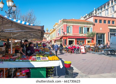 Nice, France - March 19, 2016: Food Market And Open Air Bar In The Old Town