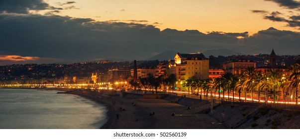 Nice, France: Night View Of Old Town, Promenade Des Anglais