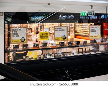 Nice, France - Nov 24, 2019: Acuitis Optician Hearing Center Offering Nikon Glasses For Fashionable Eyewear