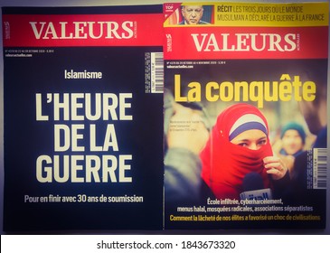 Nice, France - Oct. 29, 2020 - Front pages about Islam of the conservative newspaper Valeurs Actuelles, while France is hit by a wave of terror knife attacks and beheadings amid the jihadist threat