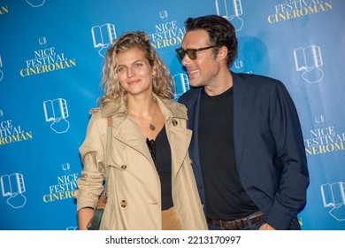 Nice, France - October 08 2022: Pauline Desmonts And Nicolas Bedos At The Cineroman Nice Film Festival.
