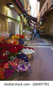 NICE, FRANCE - OCTOBER 2, 2014: Walking Pedestrian Rue Pairoliere, A Quaint Shopping Street Lined With Food Shops And Cafes, Is A Great Way To Experience Authentic Nice.