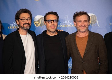 Nice, France- October 24 2021: David Foenkinos, Nicolas Bedos And Jean-Paul Rouve  On The Photocall At Cinéroman Festival In Nice.