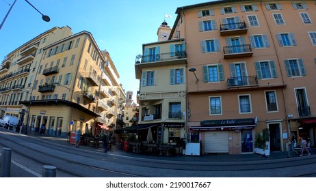 Nice, France - October 6, 2021:  Antique Building With Classic Colored Facades At Boulevard Jean Jaures, In Nice City Center. Tram Lines.