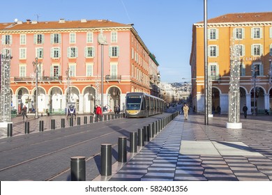 NICE, FRANCE, on JANUARY 6, 2017. The sun lights the main city square of Massena, one of symbols of Nice