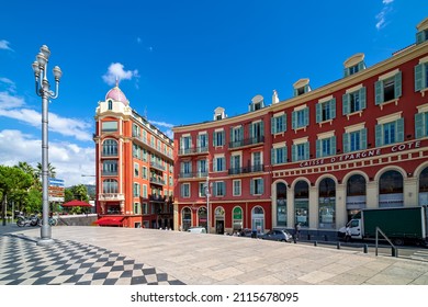 NICE, FRANCE - SEPTEMBER 03, 2018: Red Buildings Under Blue Sky On Place Massena - Famous Historic And Main Square Of Nice, Named For French Military Commander André Masséna.