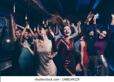 Nice gorgeous lovely chic attractive glamorous cheerful glad positive stylish girls and guys buddy fellow having fun weekend solemn celebratory festive feast in fashionable luxury place nightclub - Shutterstock ID 1488149129
