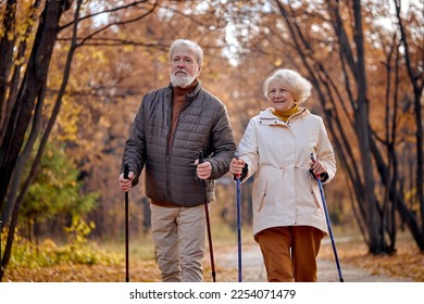 nice happy gray haired caucasian aged couple enjoying health-promoting physical activity using walking poles having happy facial expression, breathing fresh air in autumn season nature, smiling - Shutterstock ID 2254071479