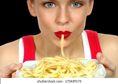 Nice Image Of A Beautiful Woman Eating Pasta On Black