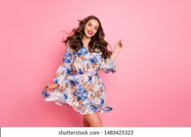 Nice lady overjoyed by warm spring breeze going romantic date wear cute dress isolated pink background - Shutterstock ID 1483425323