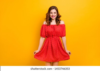 Nice lady showing new outfit ready for birthday party wear off-shoulders dress isolated yellow background