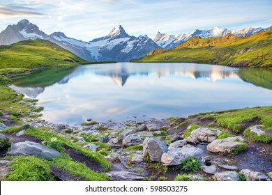 Nice landscape with  lake in the Swiss Alps, Europe. Wetterhorn, Schreckhorn, Finsteraarhorn et Bachsee. ( relaxation, harmony, anti-stress - concept). 