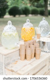 Nice lemonade bar with jars for refreshing drinks for summer celebrations
