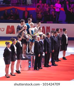 NICE - MARCH 30: Medalists In Pairs Competition On The Podium During The Victory Ceremony At The ISU World Figure Skating Championships On March 30, 2012 In Nice, France