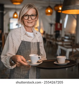 Camarera de mujer madura agradable en delantal ofrece taza de delicioso café sabroso, pie y sonrisa, personal amable del restaurante